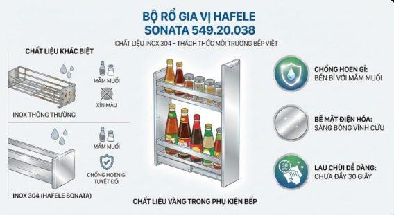 Bộ rổ gia vị Hafele Sonata 549.20.038 300mm 8 Chất liệu Inox 304 – Thách thức môi trường bếp Việt