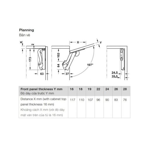 Bản vẽ của tay nâng Hafele Free Space 1.11 B 493.05.910