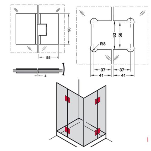 Kích thước bản lề kính - kính 180º Hafele 981.77.902