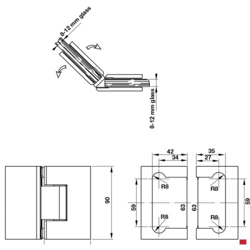 Kích thước bản lề phòng tắm kính 135º Hafele 981.77.904