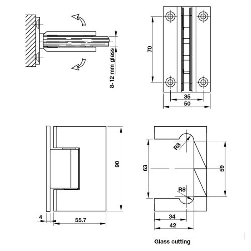 Kích thước bản lề phòng tắm kính 90º Hafele 981.77.900