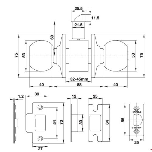 Bộ khóa tay nắm tròn cửa WC Hafele 489.93.137 4 Kích thước bộ khóa tay nắm tròn cửa WC Hafele 489.93.137