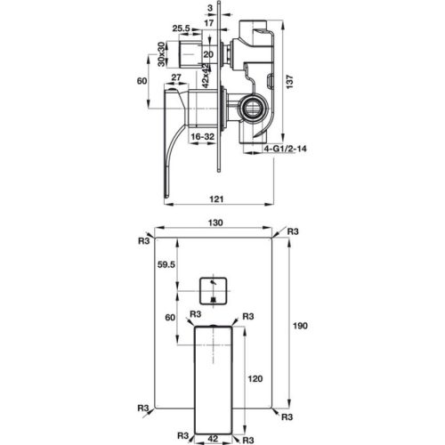 Kích thước bộ trộn âm 2 đường nước Regal Hafele 495.61.127