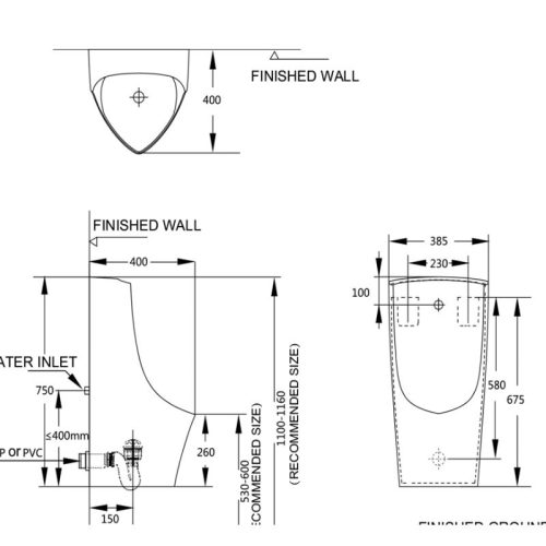 Kích thước bồn tiểu nam treo tường tự động SEINE Hafele 588.79.422
