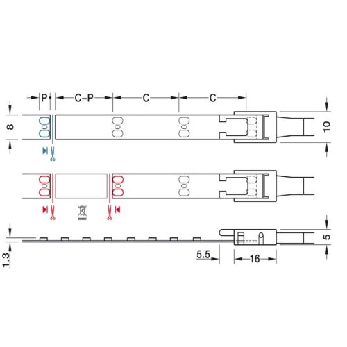 Đèn Led dây 5m rộng 8mm 24V đơn sắc Hafele 833.76.354 4 Kích thước đèn Led dây 8mm 24V đơn sắc Hafele 833.76.354