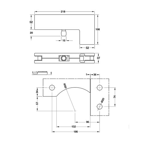 Kích thước Kẹp kính chữ L màu đen 120Kg Hafele 981.00.664