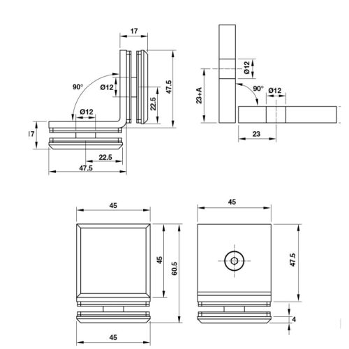 Kích thước kẹp kính - kính 90º màu đen Hafele 981.77.917