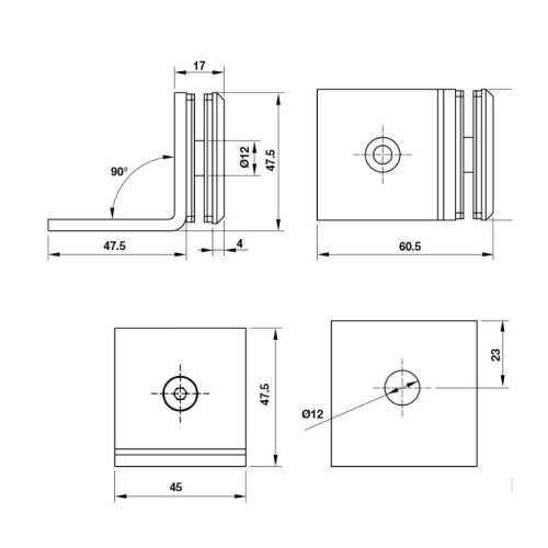 Kích thước kẹp kính - tường 90º có đế màu đen Hafele 981.77.911