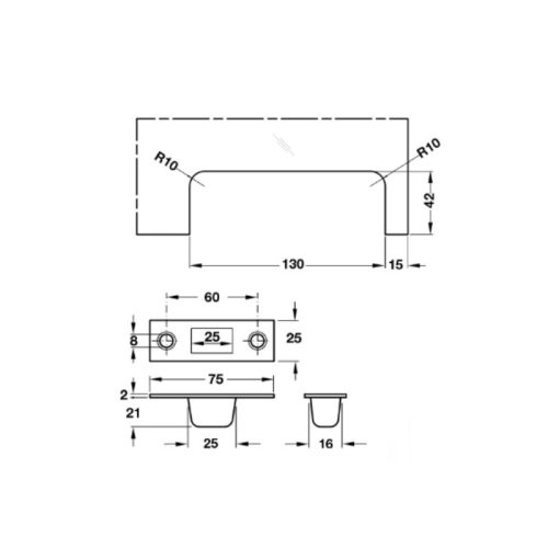 Kích thước khóa kẹp chân kính inox mờ Hafele 981.50.030