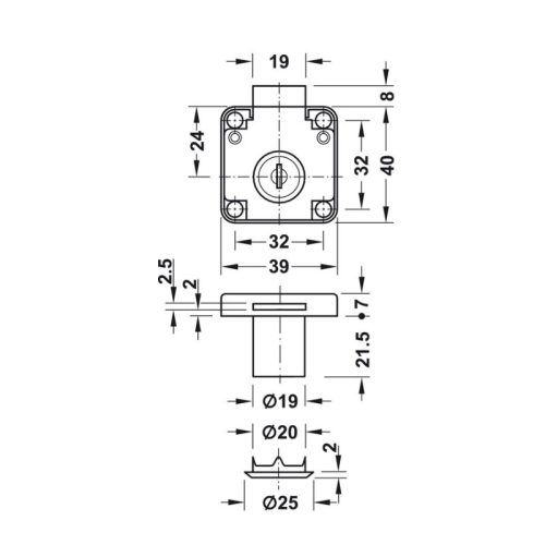 Kích thước khóa vuông Econo cửa dày 30mm Hafele 232.01.230