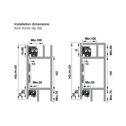 Phụ kiện cửa trượt tủ Slido Fold 20VF Hafele 401.30.009 4 Kích thước lắp đặt của Phụ kiện cửa trượt tủ Slido Fold 20VF Hafele 401.30.009