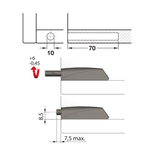 Kích thước nêm nhấn dài đầu cao su Hafele 356.12.317