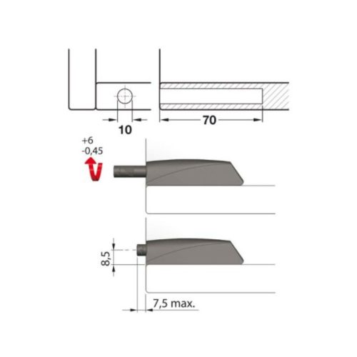 Nêm nhấn dài đầu cao su Hafele 356.12.717 3 Kích thước nêm nhấn dài đầu cao su Hafele 356.12.717