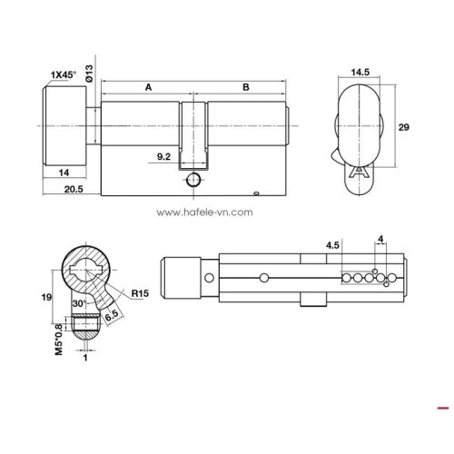 Kích thước ruột khóa 1 đầu vặn 1 đầu chìa 65mm Hafele DIY 489.56.003