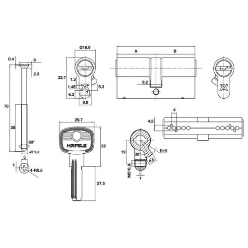 Kích thước ruột khóa 2 đầu chìa 71mm Hafele DIY 489.56.001