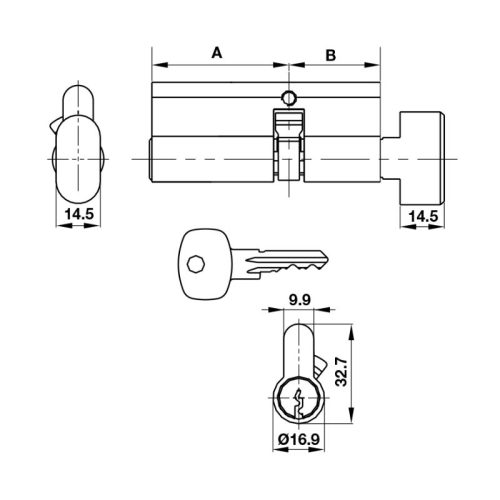 Kích thước ruột khóa cửa nhôm 1 đầu vặn 1 đầu chìa 75mm Hafele 916.96.530
