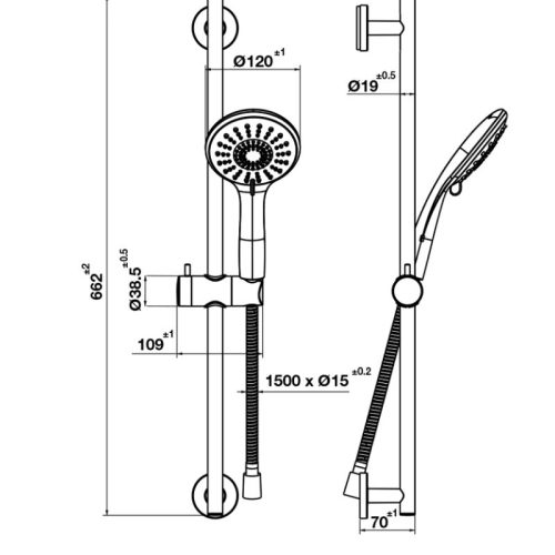 Kích thước sen tay Airsense 120R kết hợp thanh trượt Hafele 495.60.686