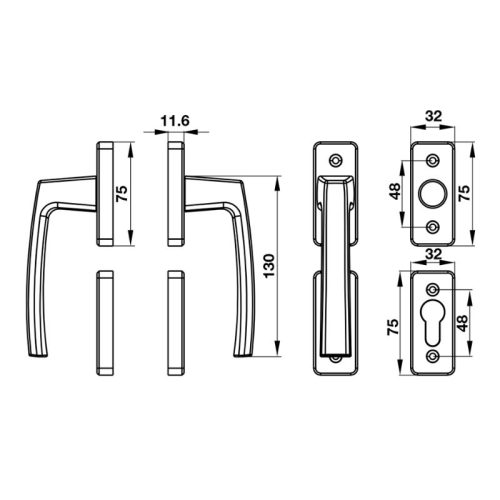 Kích thước tay nắm gạt cửa nhôm HL949D Hafele 905.99.639