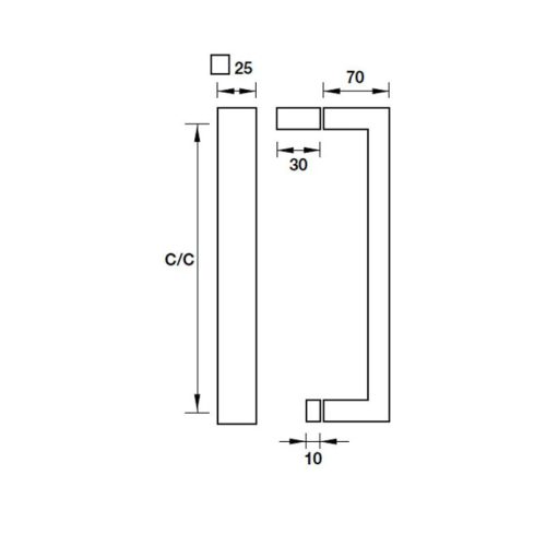 Kích thước tay nắm kéo phòng tắm kính C/C 550mm Hafele 903.11.563