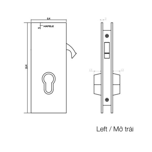 Thân khóa cửa trượt kính mở trái Hafele 981.59.100 3 Kích thước thân khóa cửa trượt kính mở trái Hafele 981.59.100