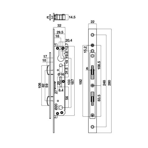 Kích thước thân khóa cửa trượt nhôm 20mm Hafele 911.27.045