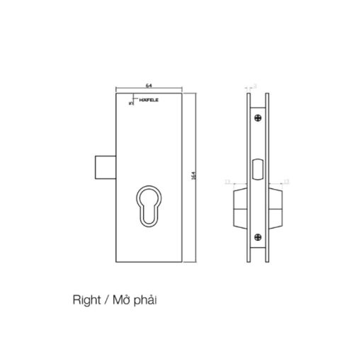 Kích thước thân khóa mở xoay mở phải Hafele 981.59.020