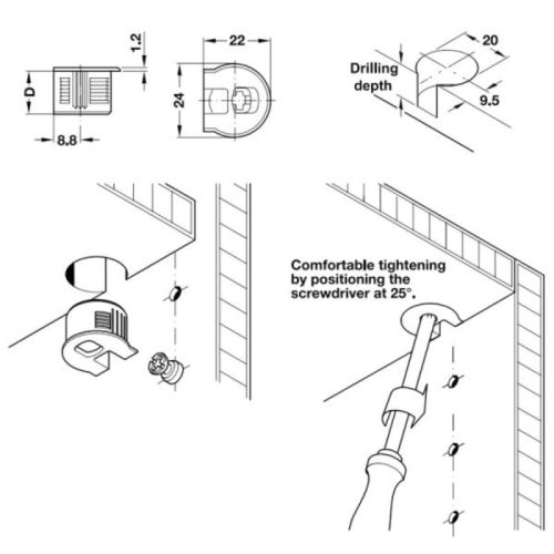 Thân ốc liên kết cho gỗ dày từ 19mm Hafele 263.14.705 3 Kích thước thân ốc liên kết cho gỗ dày từ 19mm Hafele 263.10.405