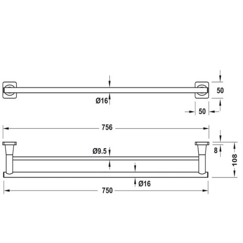Kích thước thanh treo khăn đôi 750mm Hafele 580.41.412