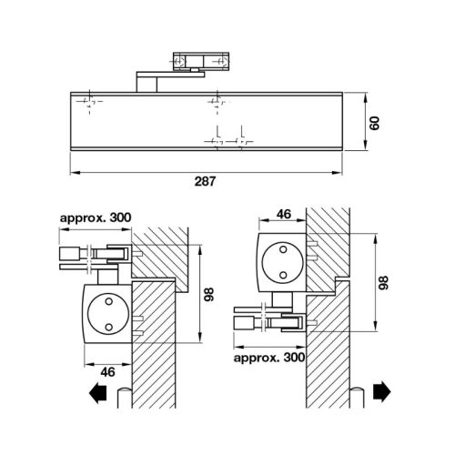 Kích thước thiết bị đóng cửa tự động 200Kg Hafele 931.16.579