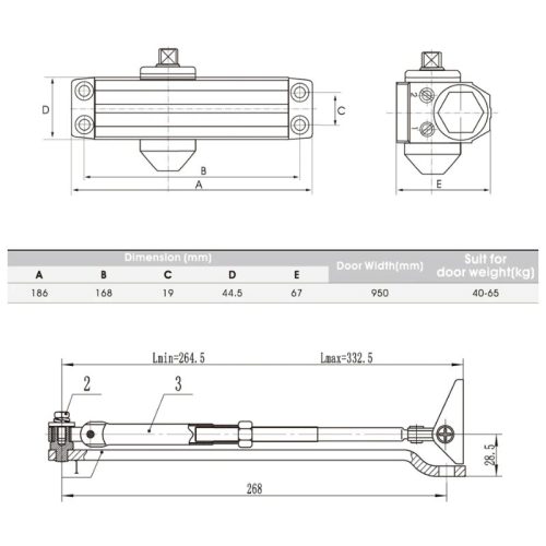 Kích thước thiết bị đóng cửa tự động 60Kg EN3 Hafele 489.30.011