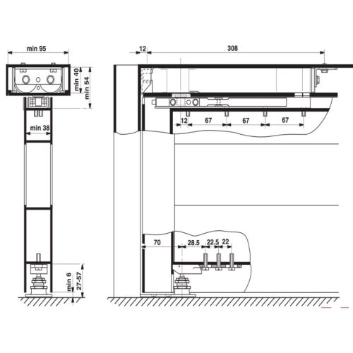 Kích thước thiết bị đóng cửa tự động gắn khung 100Kg Hafele 932.79.110