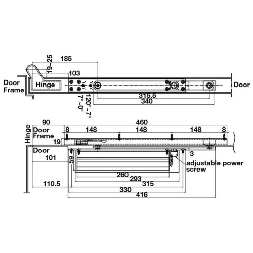 Kích thước thiết bị đóng cửa tự động lắp âm 100Kg Hafele 931.84.469