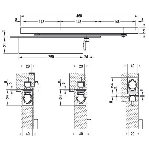 Kích thước thiết bị đóng cửa tự động lắp âm 150Kg Hafele 931.84.389