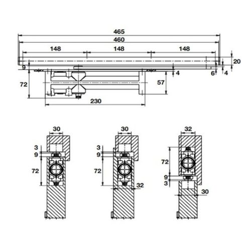 Kích thước thiết bị đóng cửa tự động lắp âm 60Kg Hafele 931.47.039