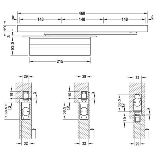 Kích thước thiết bị đóng cửa tự động lắp âm 60Kg Hafele 931.84.049