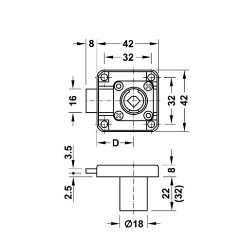 Kích thước vỏ khóa vuông chốt chết 22mm Hafele 232.26.621