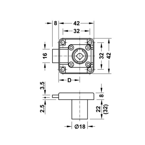 Kích thước vỏ khóa vuông chốt chết 26mm Hafele 232.26.651