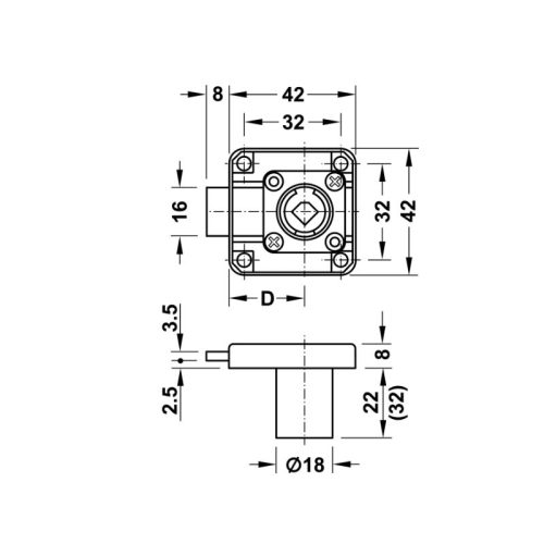 Kích thước vỏ khóa vuông chốt chết 32mm Hafele 232.26.681