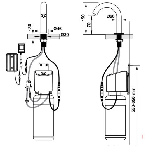 Kích thước vòi xịt xà bông cảm ứng đặt bàn H70 Hafele 589.64.030