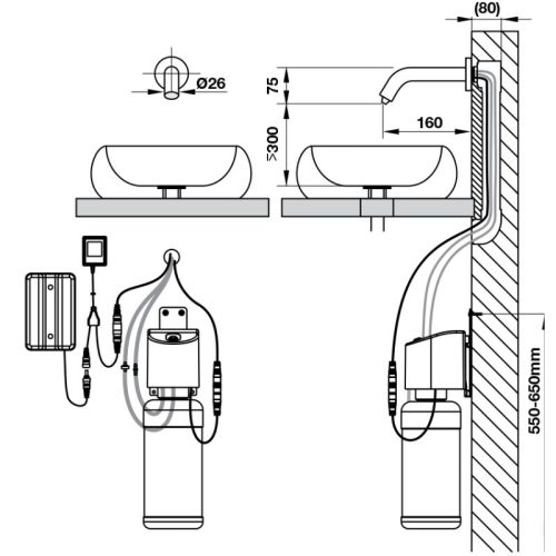 Kích thước vòi xịt xà bông cảm ứng gắn tường L185 Hafele 589.64.031