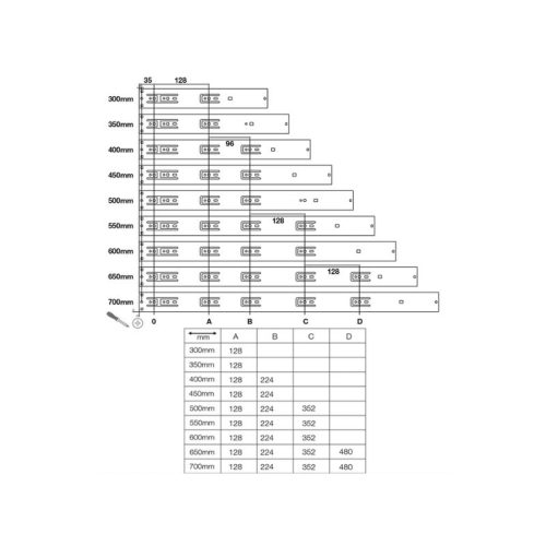 Ray bi không giảm chấn dài 450mm Hafele 494.02.144 5 Thông số của Ray bi không giảm chấn dài 450mm Hafele 494.02.144