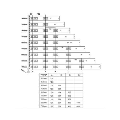 Thông số của Ray bi không giảm chấn dài 600mm Hafele 494.02.467