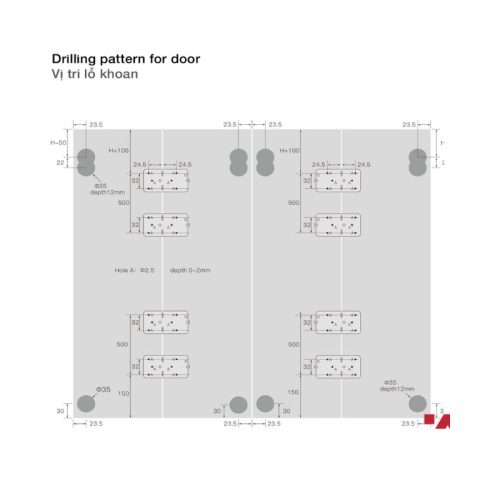 Phụ kiện cửa trượt tủ Slido Fold 20VF Hafele 401.30.009 7 vị trí lỗ khoan của Phụ kiện cửa trượt tủ Slido Fold 20VF Hafele 401.30.009