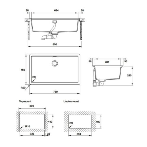 Kích thước chậu rửa bát đá 1 hố Hafele HS20-GEN1S80 570.30.800 màu kem