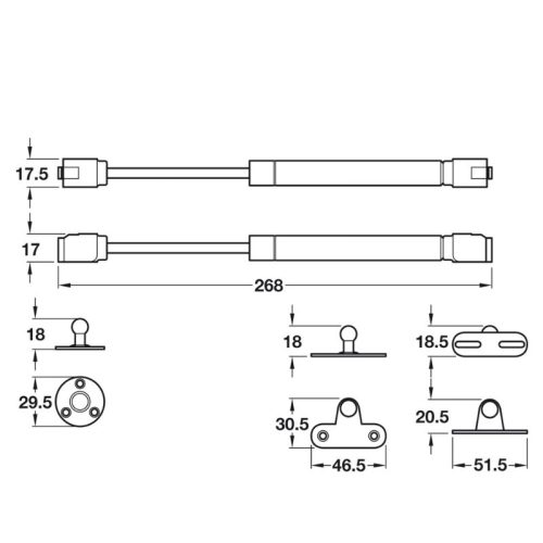 Pittong đẩy cánh tủ 80N Hafele 373.82.907 5 Kích thước pittong đẩy cánh tủ 80N Hafele 373.82.907