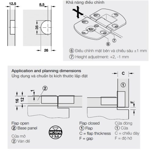Kích thước bản lề cửa lật bằng gỗ Hafele 342.66.730