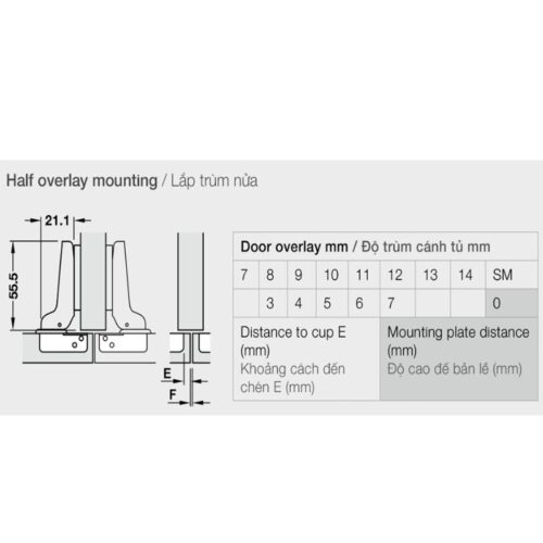 Thông số bản lề trùm nửa không bật Metalla A 110° Hafele 315.31.551