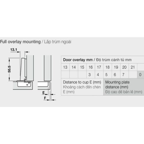 Kích thước bản lề trùm ngoài Metalla A 110° không bật Hafele 315.31.550