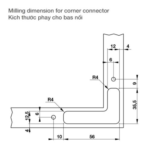 Kích thước phay bas nối sử dụng với khung nhôm Hafele 342.79.718