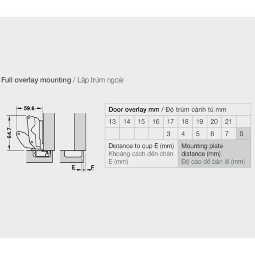 Thông số kỹ thuật bản lề trùm nửa Metalla SM 165º Hafele 315.02.751
